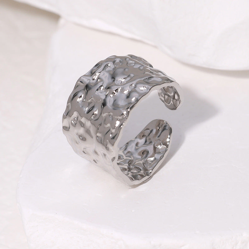Women's Steel Open-end Gold-plated Irregular Hammered Wide Punk Ring