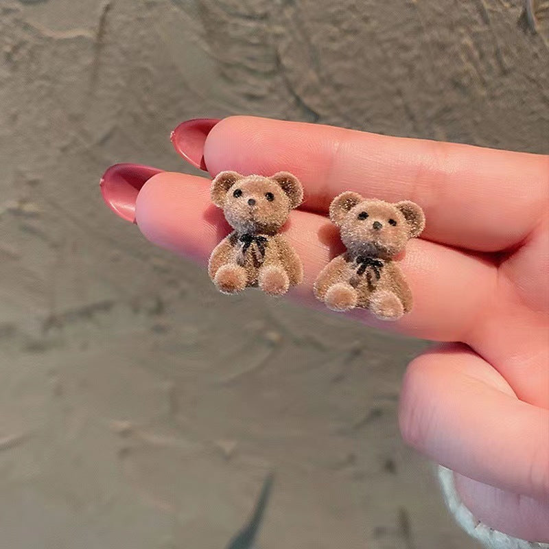 Sier Needle Korean Flocking Cute Bear Ear Simple Earrings