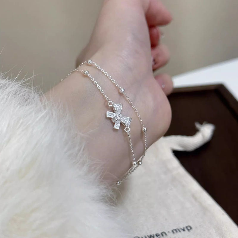 Women's Bow Fashion Simple Design Ribbon Round Beads Chain Exquisite Light Bracelet
