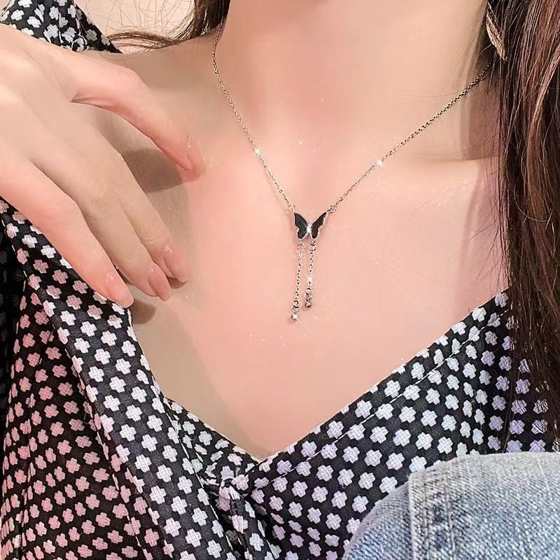 Cabbage Black Tassel Butterfly Sweater Light Luxury Minority Clavicle Chain Necklace