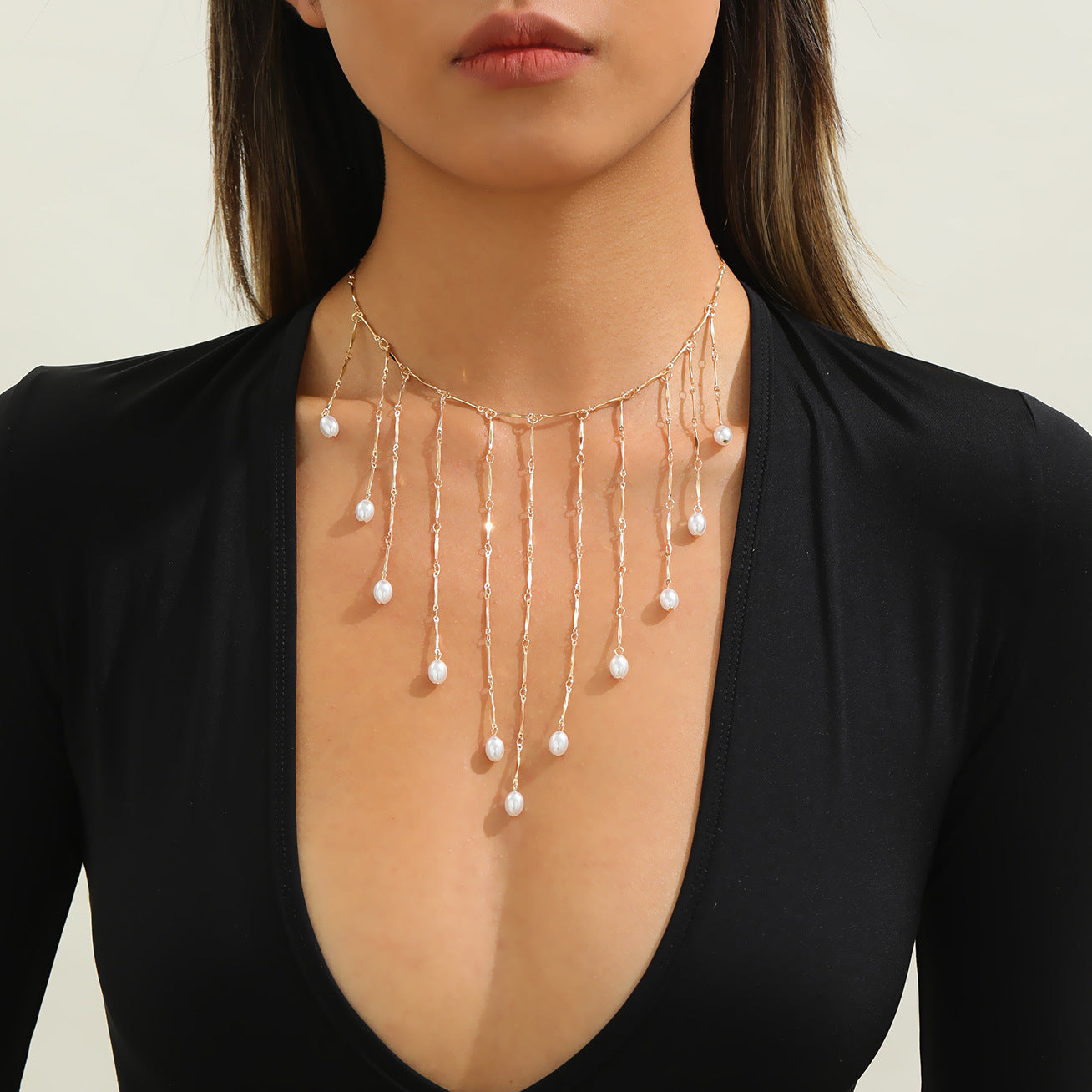 Fashion Trendy Pearl Female Graceful Tassel Clavicle Chain Necklace