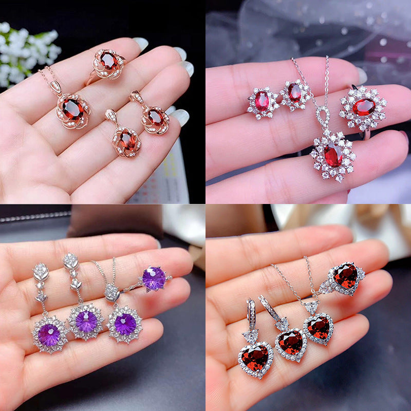 Live Broadcast Three-piece Colored Gems Ear Combination Personality Necklaces