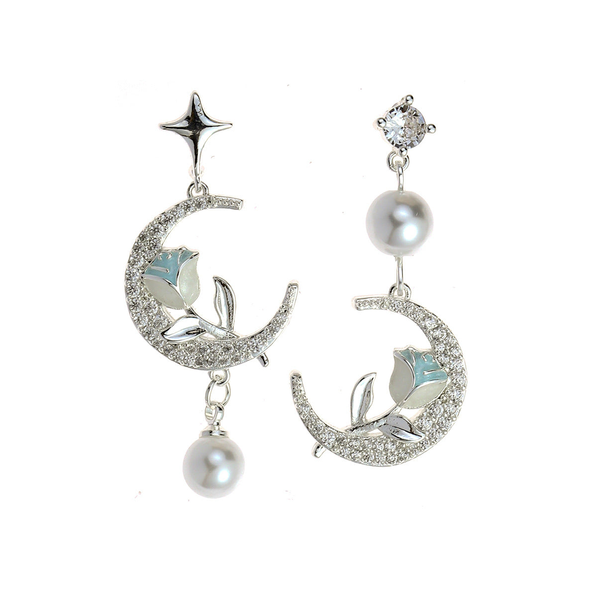Women's Pearl For Asymmetric Design Full Diamond Stud Earrings