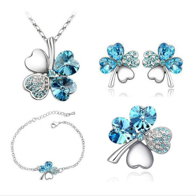 Popular Austrian Crystal Ear Brooch Clover Jewelry Set