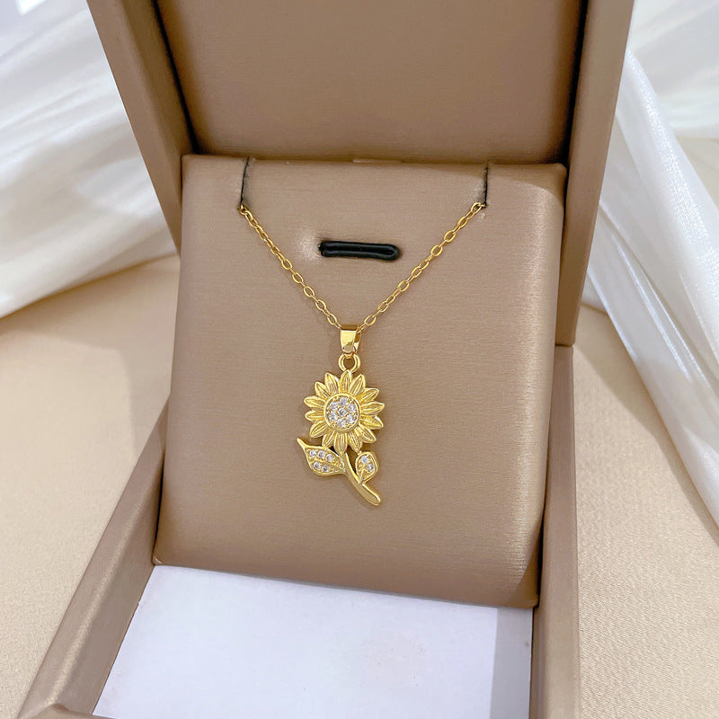 Women's Steel Sunflower Zircon Light Luxury Temperament Gorgeous Full Necklaces