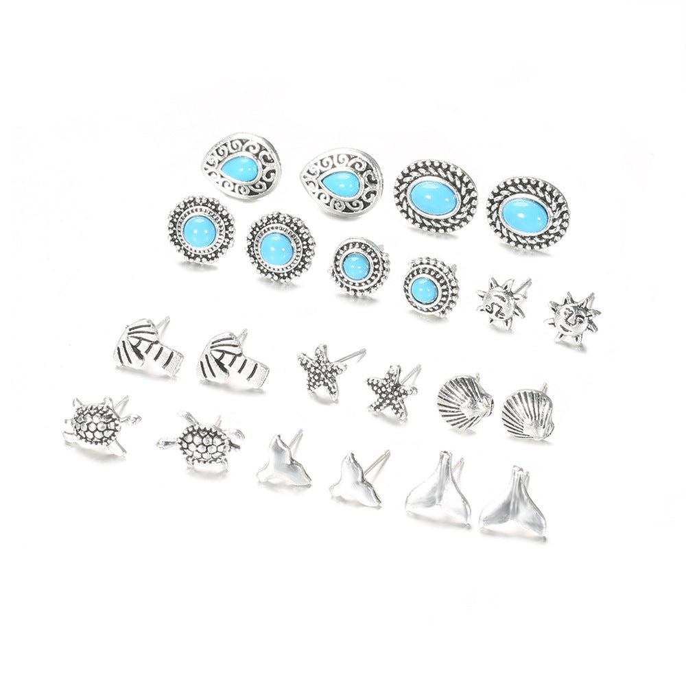 Hollow Carved Turquoise Starfish Turtle Fishtail Stud Earrings