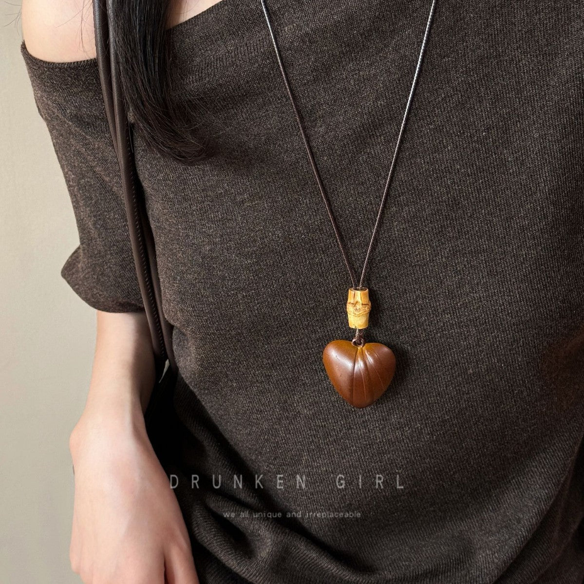 Women's Wooden Love Simple Halter Long Sweater Necklace