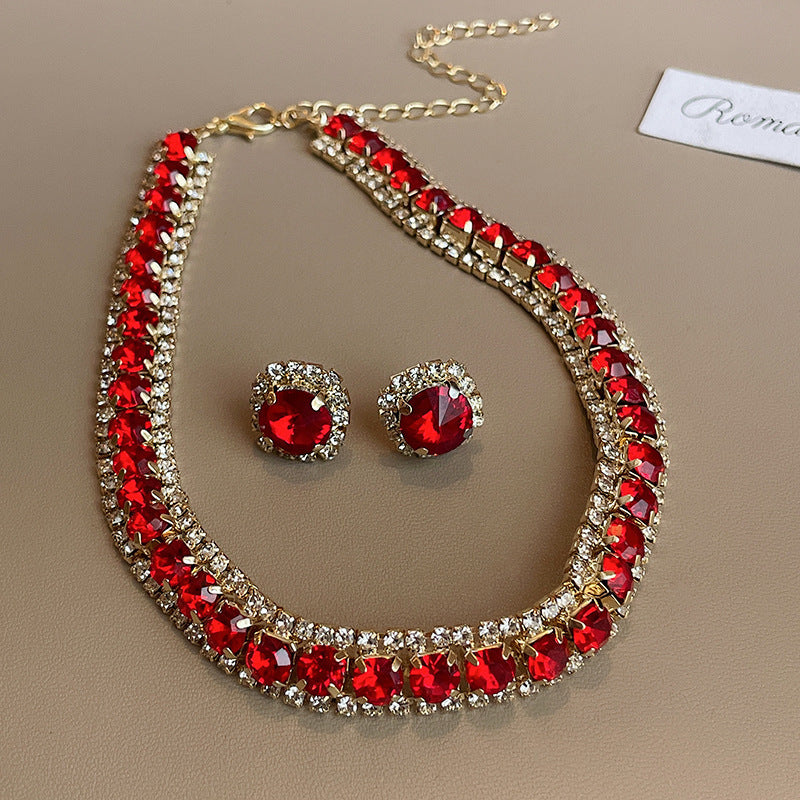 Colorful Diamond Geometric Square Ear Fashion Short Light Jewelry Set