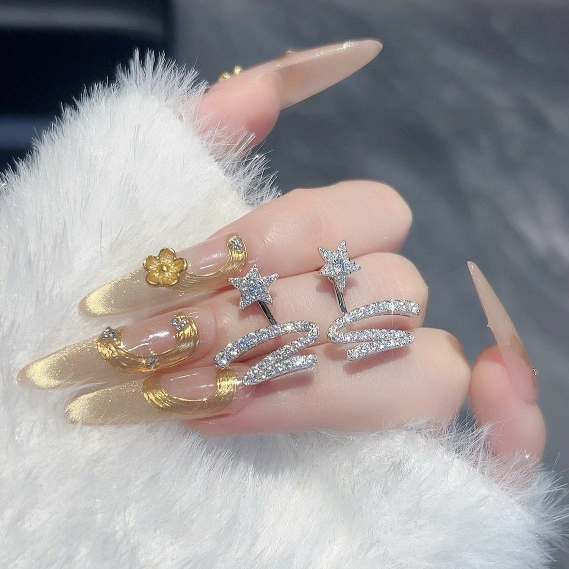 Star Ribbon Meteor Female Light Luxury Asterism Eardrops Sier Rings