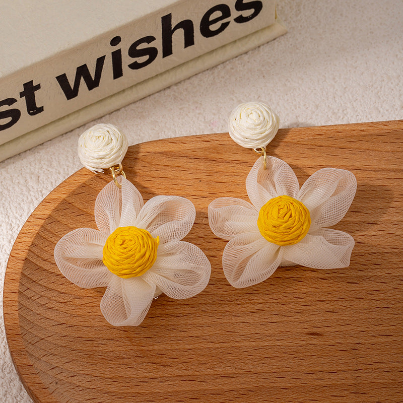 Super Fairy Dopamine Color Organza Raffia Flower Female Sweet Fresh Earrings