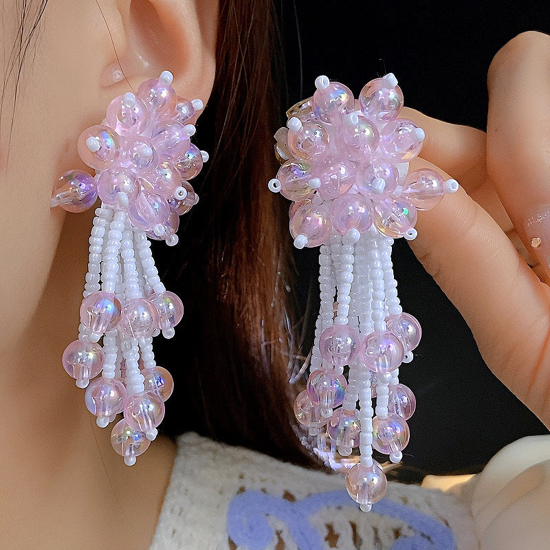 Women's Seaside Vacation Style High-grade Pearl Crystal Tassel Earrings