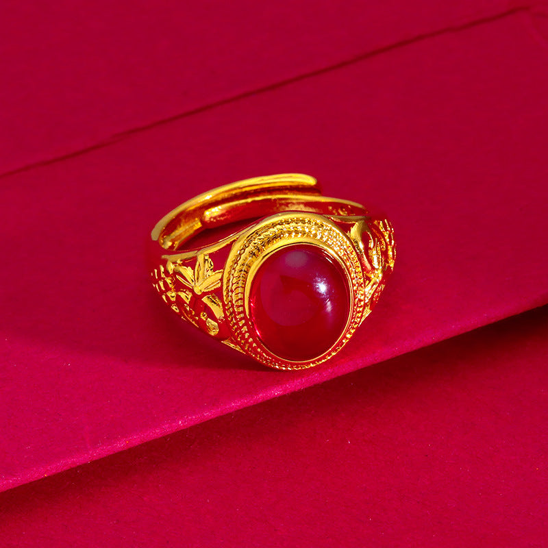 Women's Vietnam Placer Gold Open Red Green Egg Sand Ring