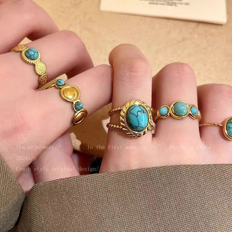 Personality Vacuum Plating Golden Flower Turquoise Ring