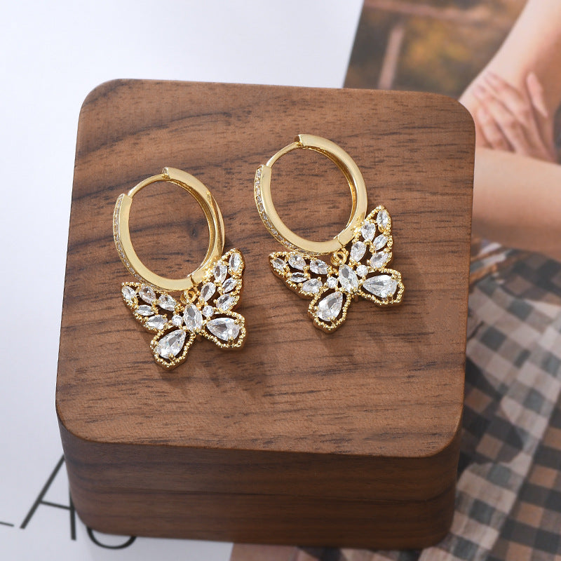 Micro Inlaid Zircon Temperament Female Niche Design Butterfly Eardrops Style Stud Earrings