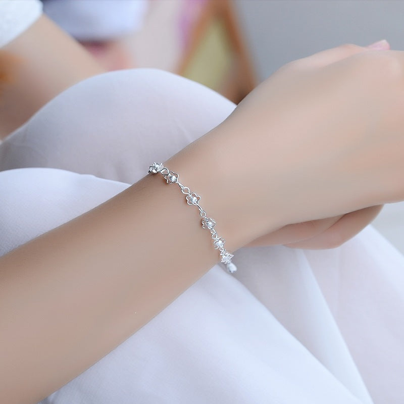 Sier Small Hollow Plum Flower Sier-plated Handmade Frosted Beads Bracelet