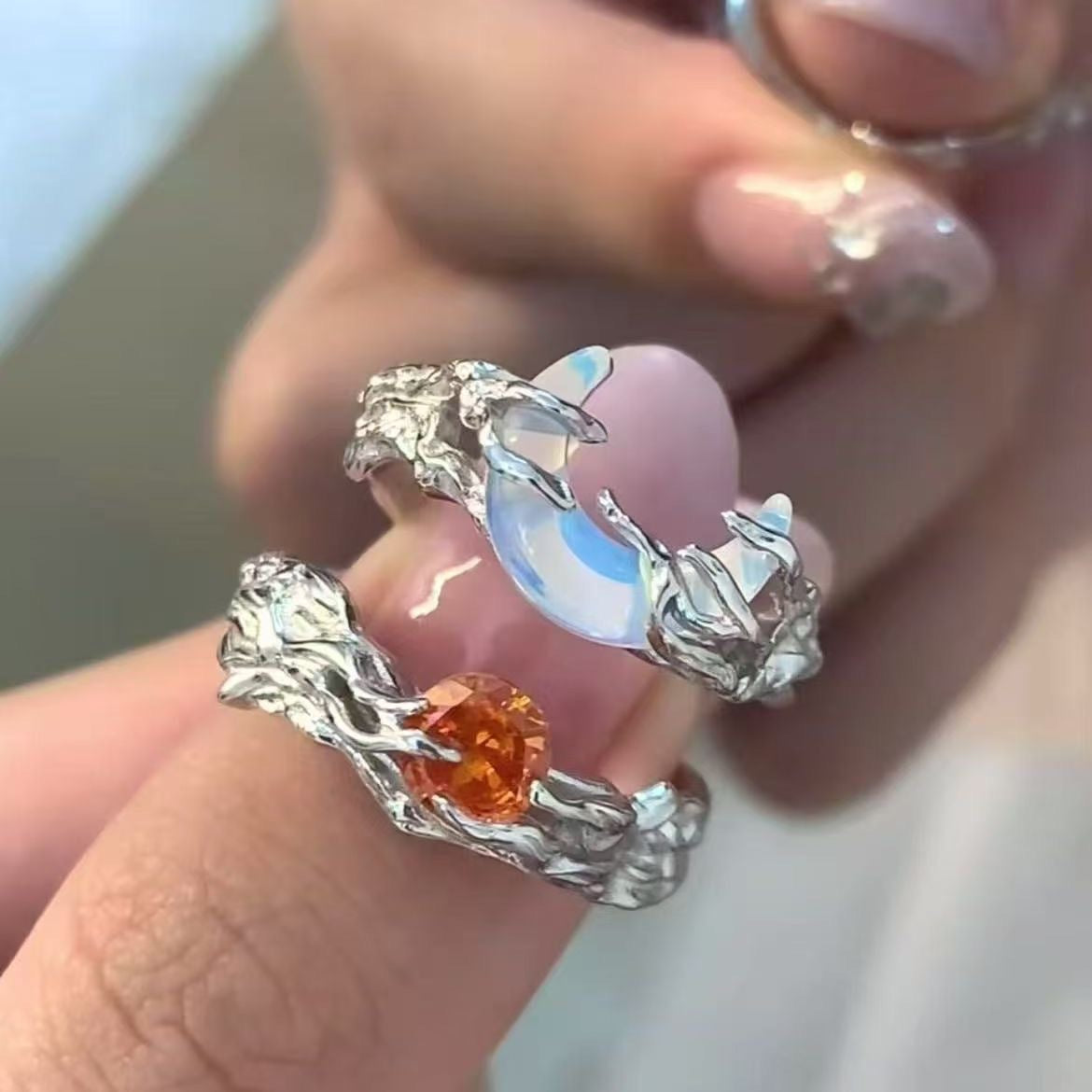 Women's & Men's Sun Moon Trendy Clear Cold Wind Design High-grade Irregular Rings