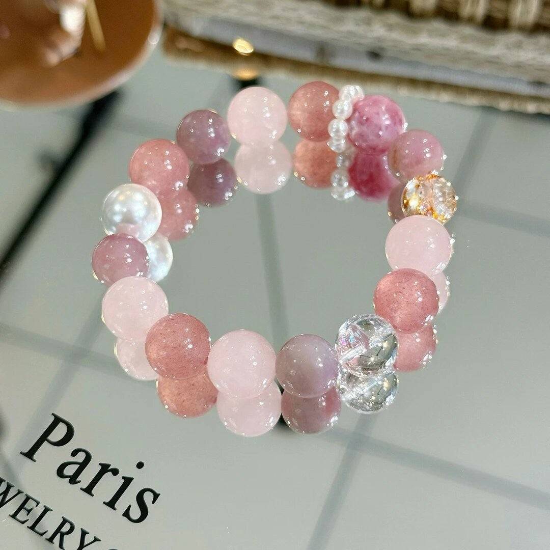 Blossom Natural Crystal Strawberry Pink White Square Bracelet