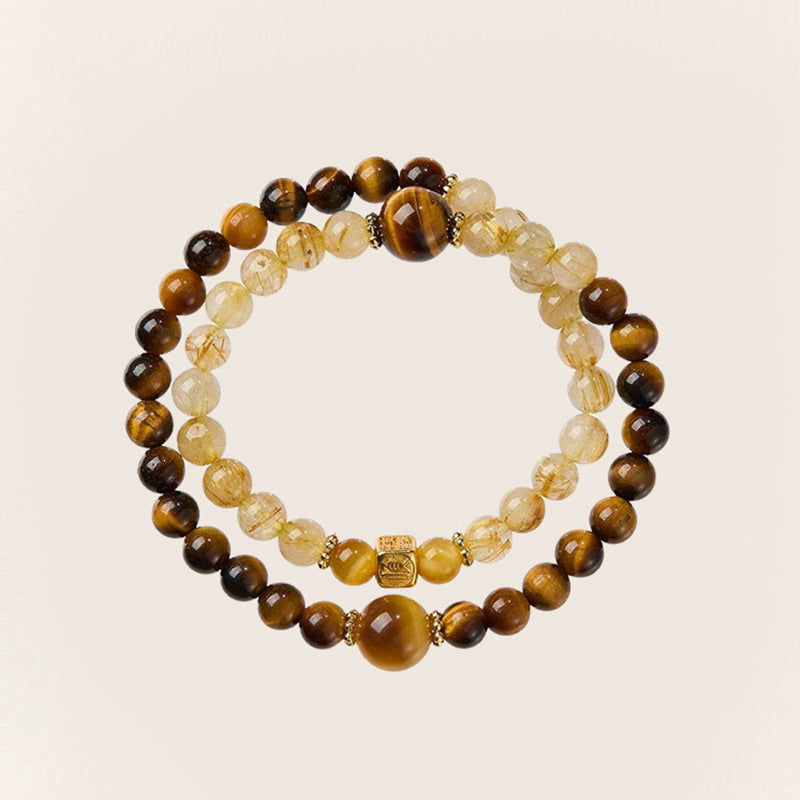 Natural Yellow Tiger's Eye Double National Style Twin Gold Rutilated Bracelet