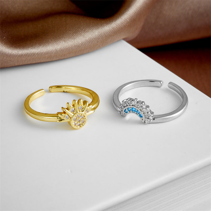 Simple Shiny Sun Moon Blue Diamond Twin Rings