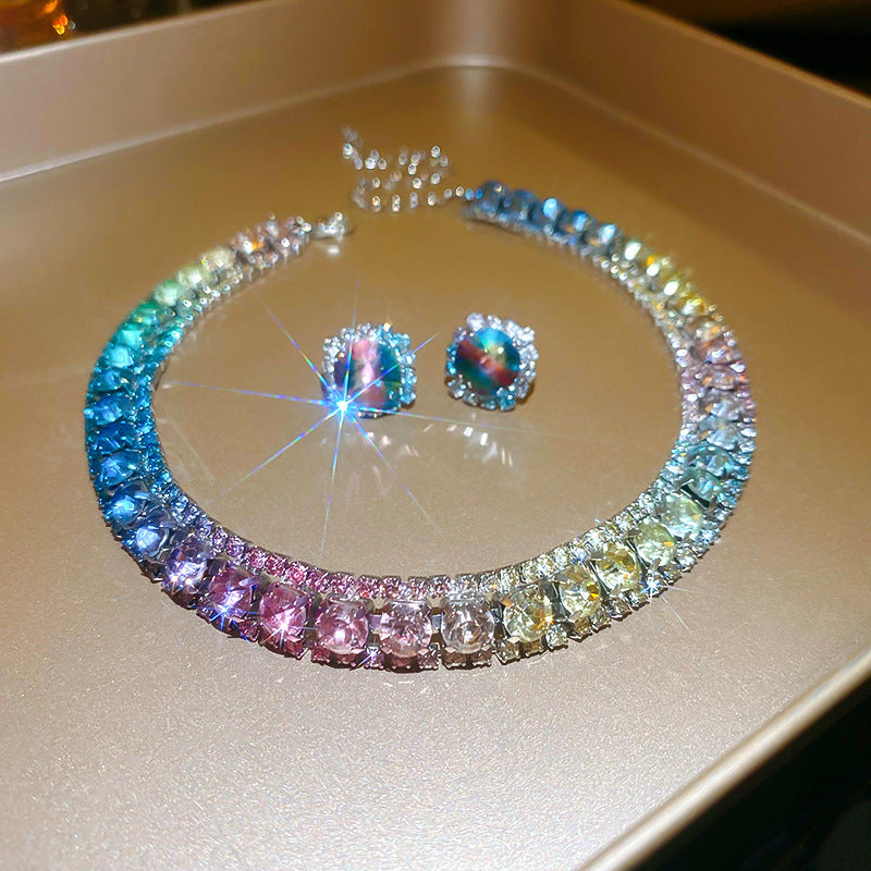 Colorful Diamond Geometric Square Ear Fashion Short Light Jewelry Set
