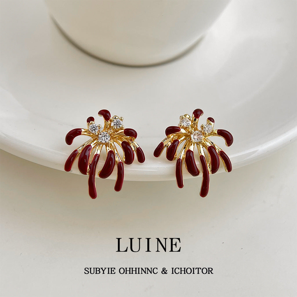 Enamel Drip Glazed Wine Red Fashion High Sense Sier Stud Earrings