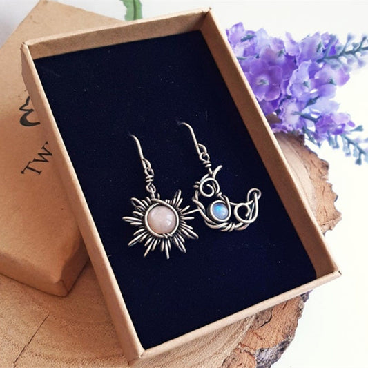 Bohemian Sun Moon Fashion Moonstone Asymmetric Earrings