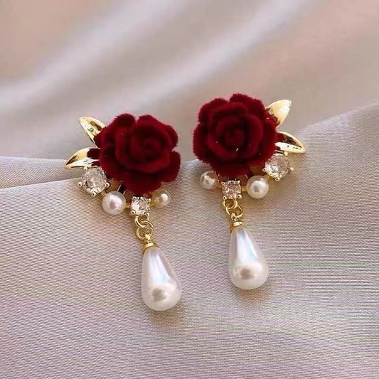 Retro Style Wine Red Black Veet Rose Pearl Elegant Stud Earrings