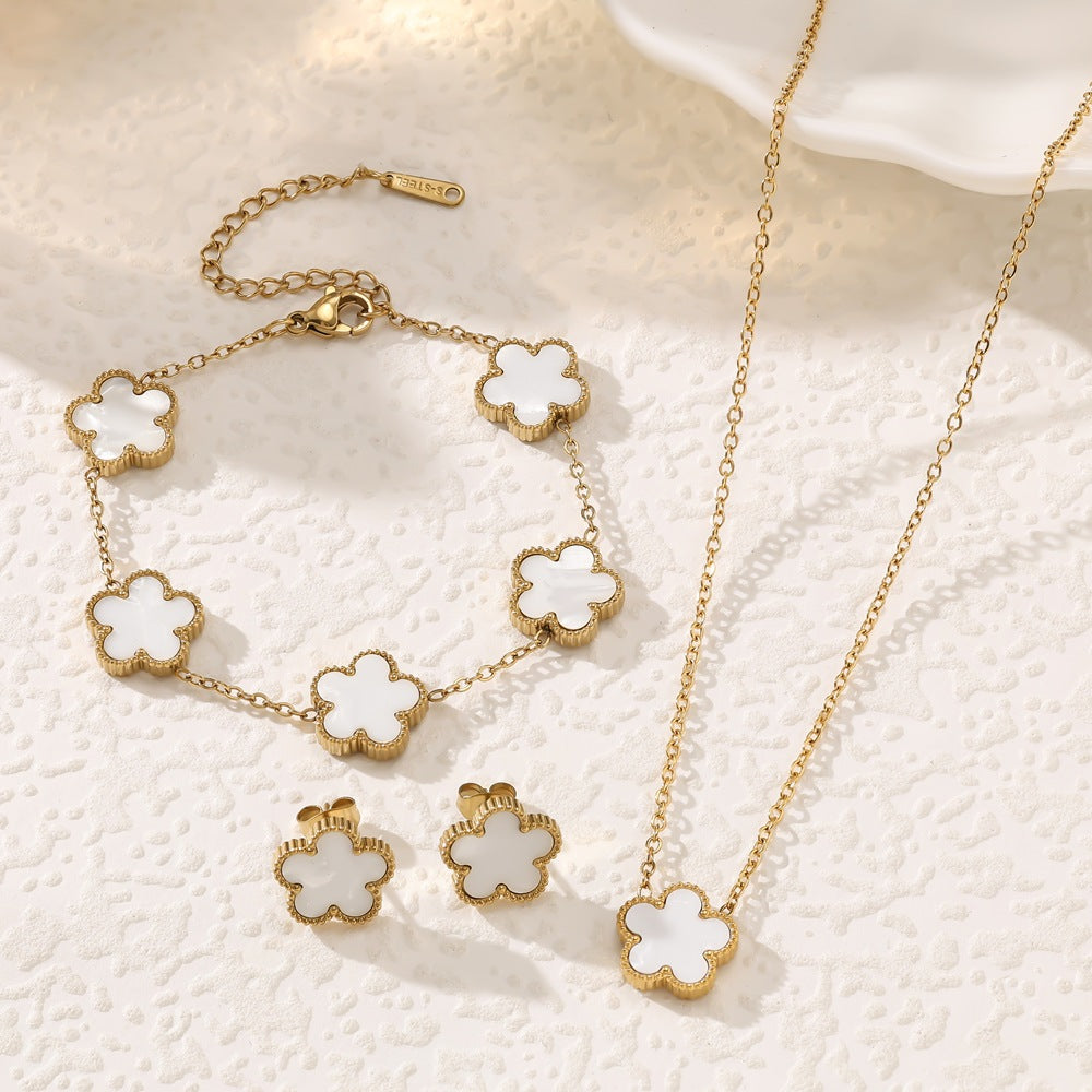 Women's Fashion Stainless Steel Five-leaf Flower Double-sided Jewelry Set