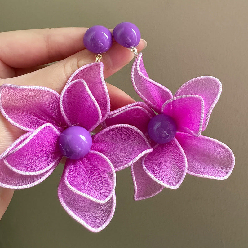 Gorgeous Temperament Exaggerated Purple Tulle Flower Western Style Earrings