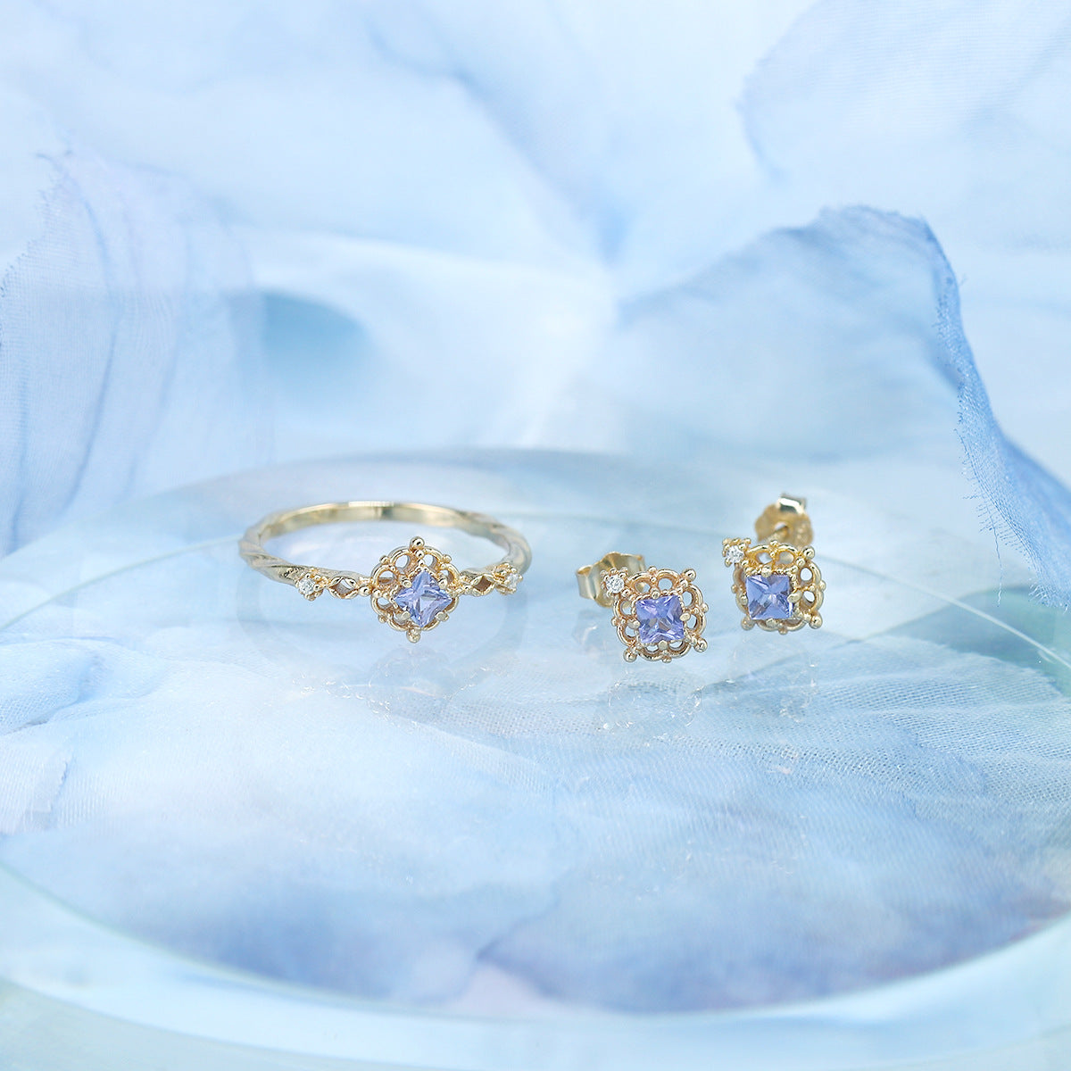 Style Simple Vintage Square Natural Tanzanite Ear Sterling Jewelry Set