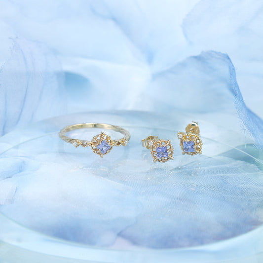 Style Simple Vintage Square Natural Tanzanite Ear Sterling Jewelry Set