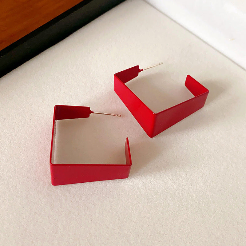 Women's Sier Needle Red Geometric Ear Korean Earrings