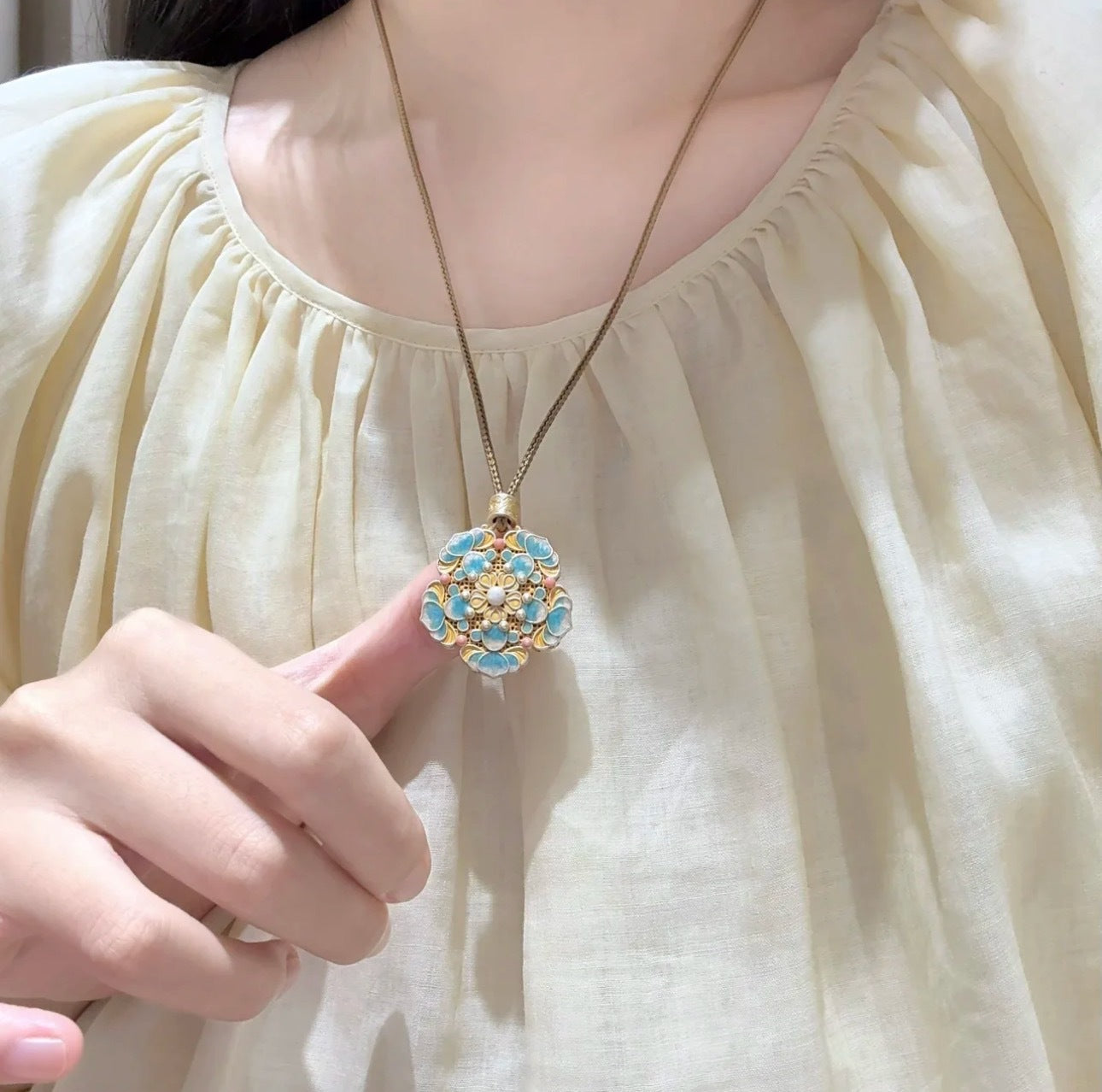 Women's Chinese Style Koi Flower Enamel Gold Sweater Chain Necklace