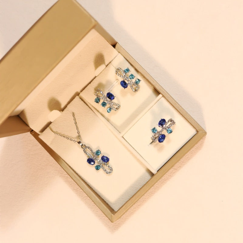 Simple Inlaid Aquamarine Magic Color Three-piece Necklace
