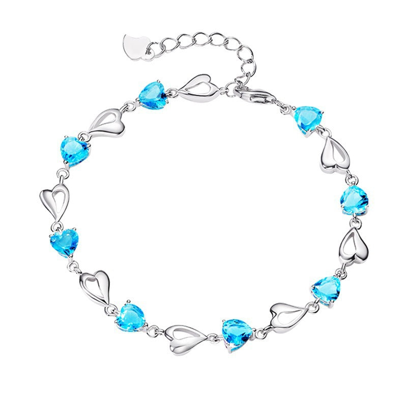 Women's Heart Blue Crystal Sier-plated Heart-shaped Simple Bracelets