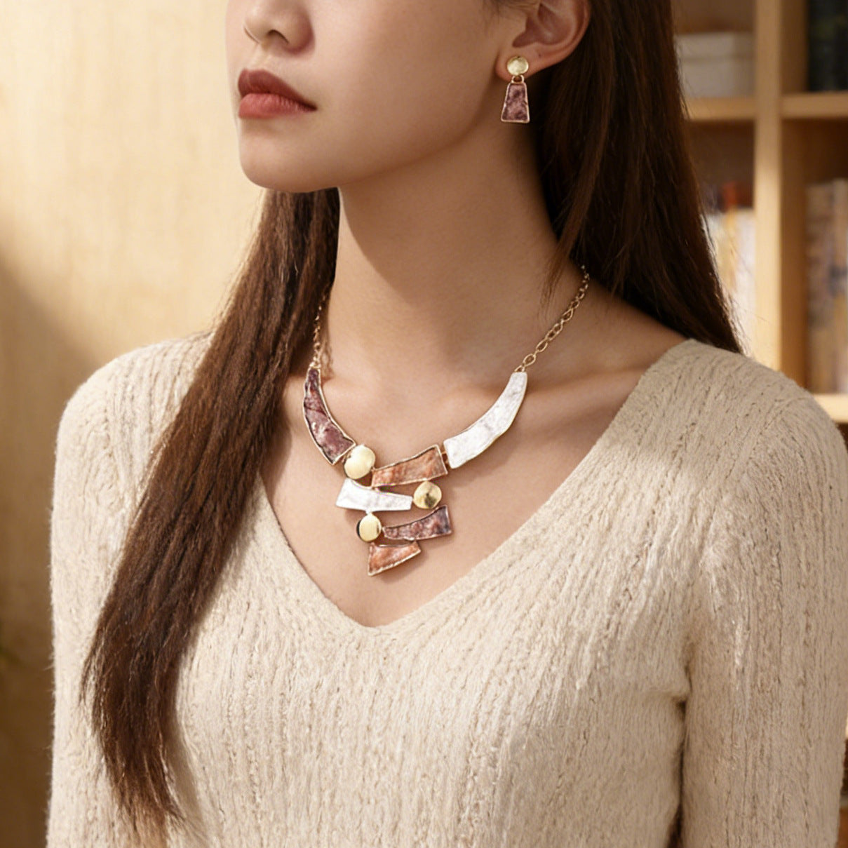 Retro Contrast Color Hollow Geometric Lines Suit Painting Texture Metal Earrings