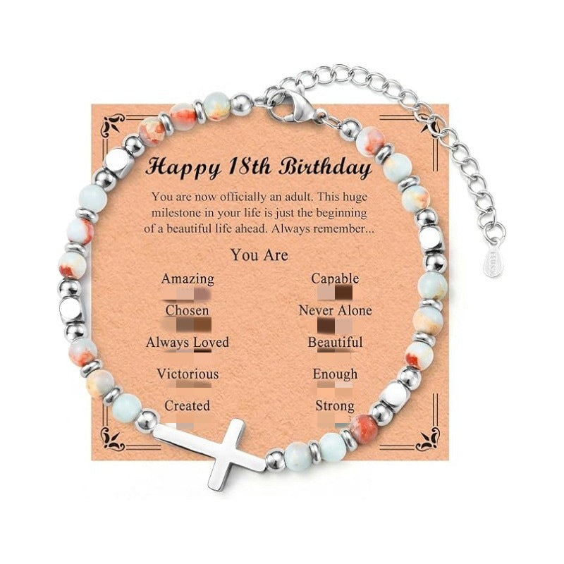 Women's Natural Stone Beaded Cross Lobster Buckle Adjustable Band Bracelet