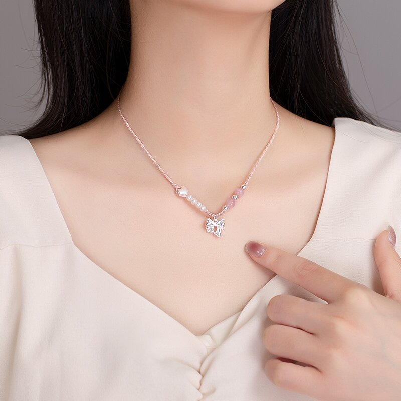 Bow Opal Woven Simple Heart Clavicle Necklaces