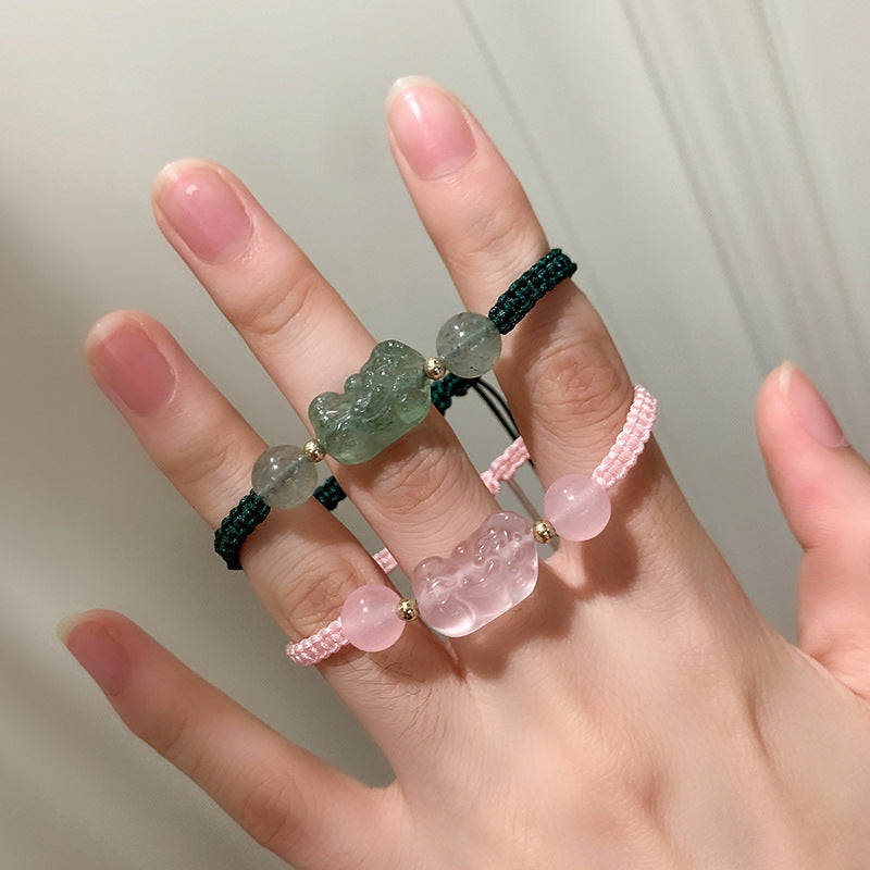 Crystal Green Strawberry Pi Hand Woven Rope Original Life Bracelet