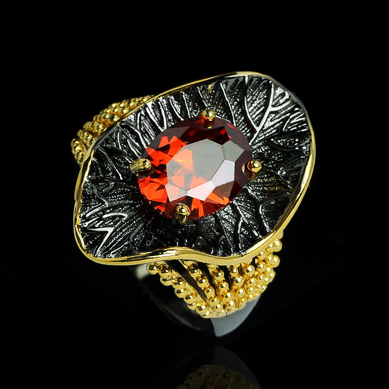 Irregular Black Gold Red Zircon Bohemian Ring