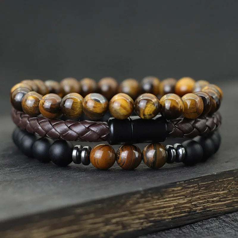 Men's Beaded Suit Agate Tigereye Leather Magnetic Bracelets