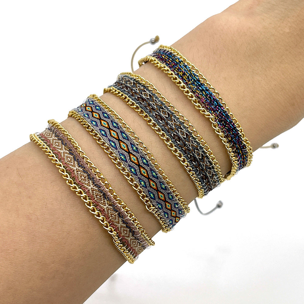 Nepal Retro Ethnic Hand-woven Ribbon Color Handmade Beaded Chain Bracelet