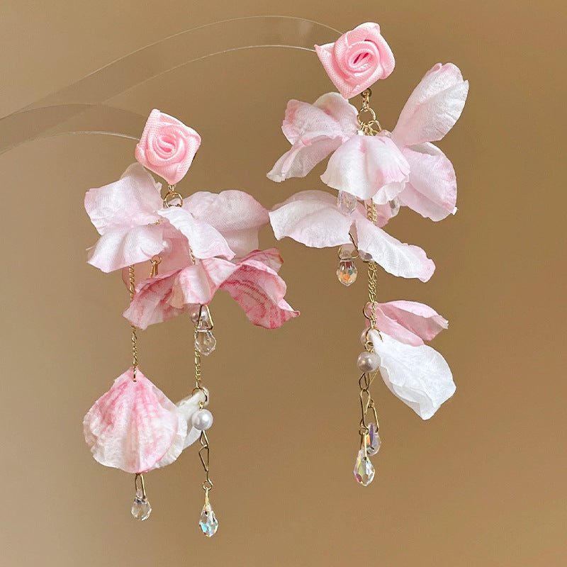 Women's Petals Beaded Tassel Rose Elegant Elf Summer Atmosphere Travel Earrings