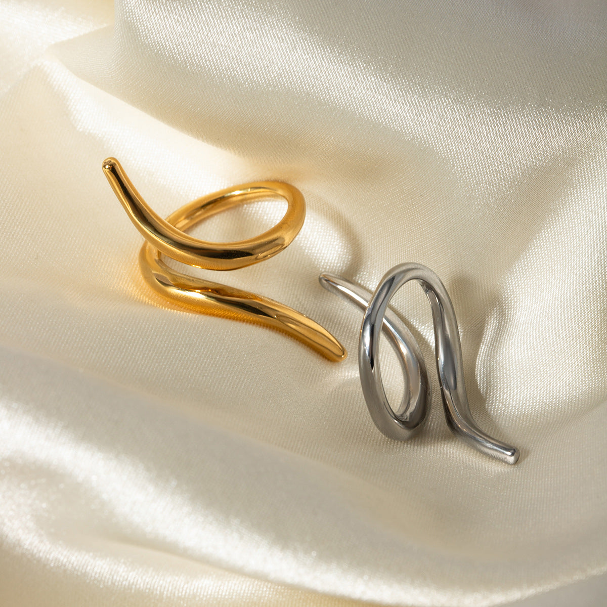 Gold Stainless Steel Line Staggered Open Rings