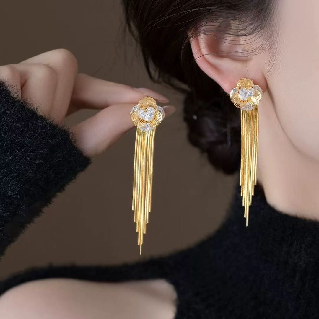Gold Flower Long Fashion High Class Earrings