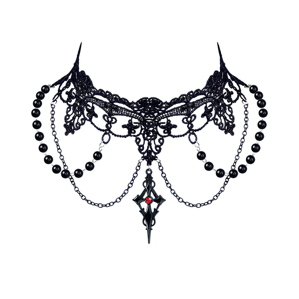 Halloween Vintage Pearl Cross Lace Short Collar