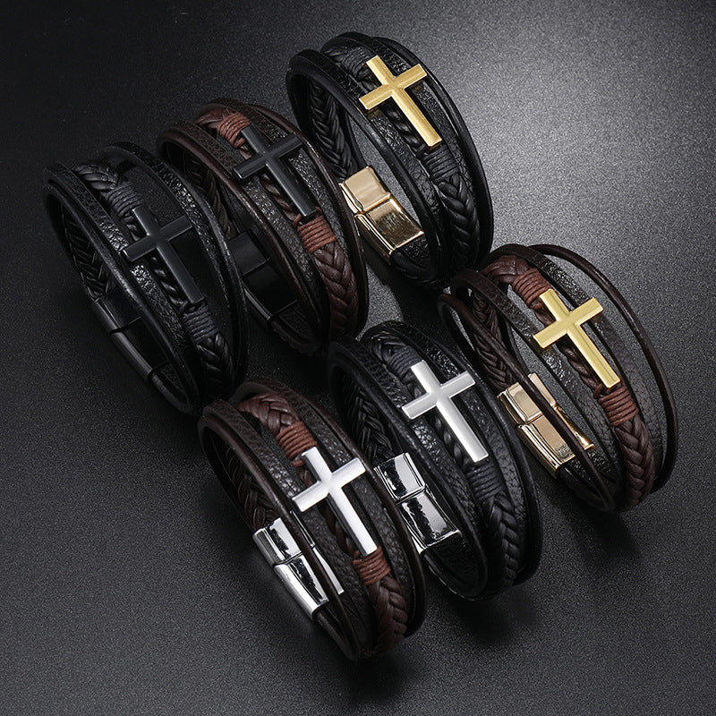 Handmade Woven Cross Decorative Leather Magnetic Bracelets