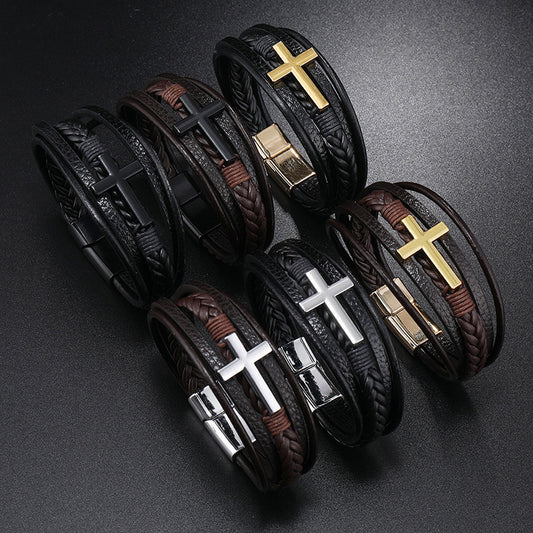 Handmade Woven Cross Decorative Leather Magnetic Bracelets