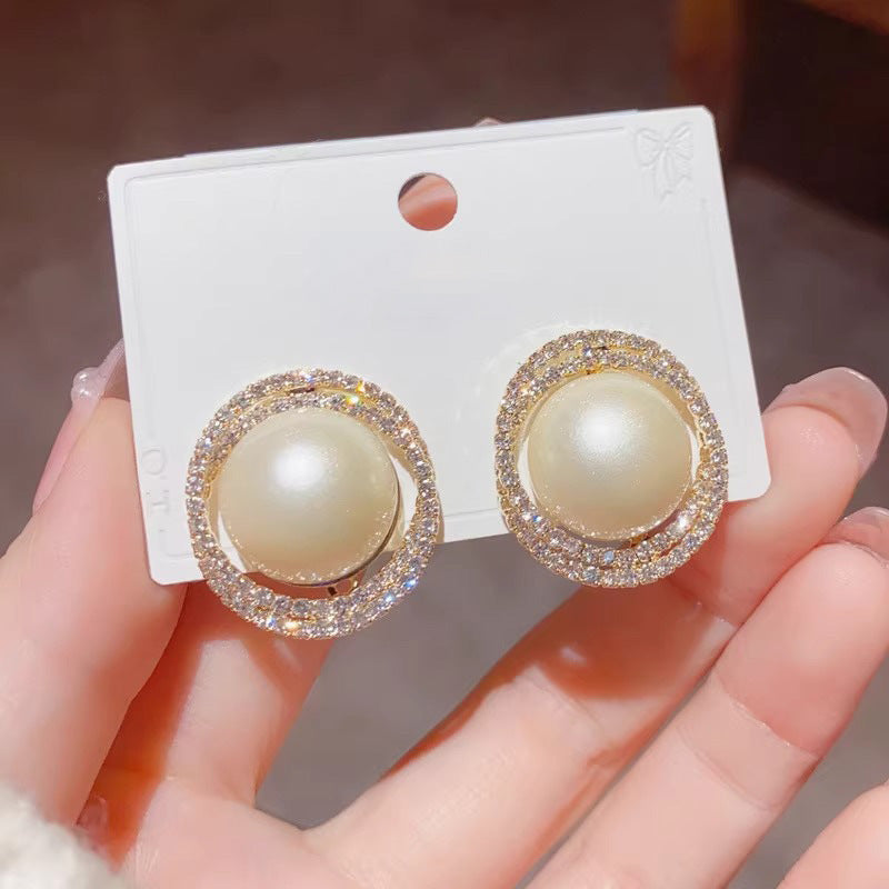 Women's Gold Rhinestone Large Pearl Light Luxury Temperament Stud Earrings