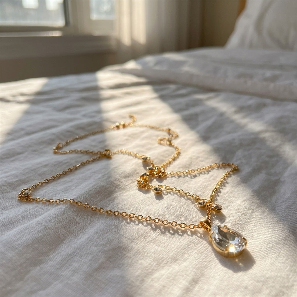 Water Drop Body Chains Simple Summer Single Layer Round Rhinestone Necklace